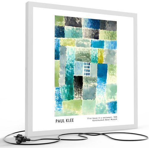 DEQORI LED-Bild & Lampe 60x60 cm Weiß 'Erstes Haus der Siedlung' Leuchtbild LED Leuchte