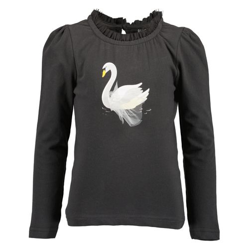 Langarmshirt BLUE SEVEN, Mädchen, Gr. 128, grau (anthrazit), Single Jersey, Obermaterial: 95% Baumwolle, 5% Elasthan, bedruckt, unifarben, regular fit normal, Rundhals, Puffärmel abgesteppte Kante, Shirts, mit schmalem Tüll-Stehkragen und dezent geraffte Puffärmel