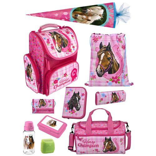 Mädchen Schulranzen 1. Klasse in Rosa mit Pferde Motiv 10tlg. Schultaschen Set mit Sporttasche und Schultüte / Zuckertüte