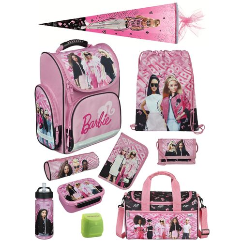 Mädchen Schulranzen 1. Klasse in Rosa mit Barbie Motiv 10tlg. Schultaschen Set mit Sporttasche und Schultüte / Zuckertüte