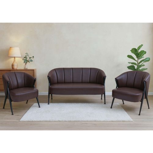 Wohnzimmer-Set HWC-P30, 2er-Sofa 2x Sessel, Vintage Retro Industrial Metall Kunstleder dunkelbraun