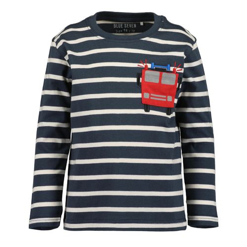 Langarmshirt BLUE SEVEN, Jungen, Gr. 104, blau (dk blau), Single Jersey, Obermaterial: 100% Baumwolle, bedruckt, regular fit normal, Rundhals, Shirts