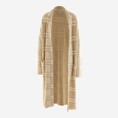 Beige-cremefarbene Long Fit Strickjacke mit Karomuster