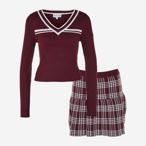 2-teiliges burgunderrotes Set aus Rock und Pullover Image