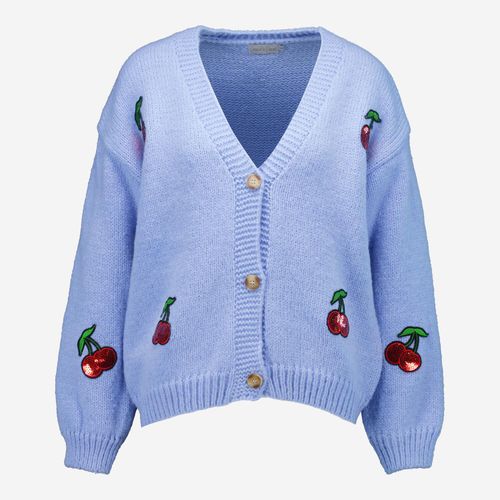 Blaue Strickjacke mit Kirschelementen