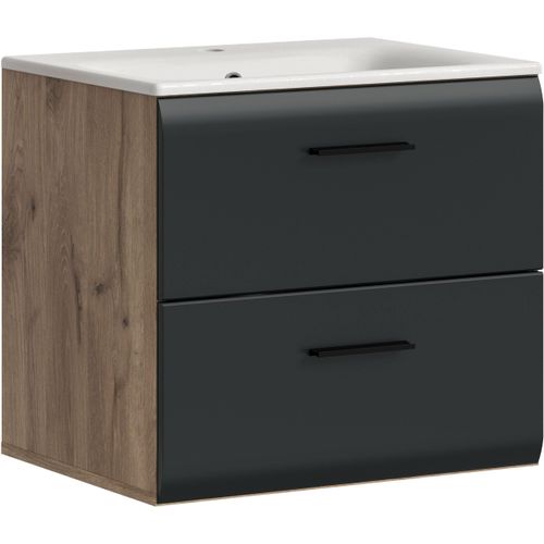 Waschbeckenunterschrank INOSIGN, nox oak nb, schwarz matt, B:60cm H:53cm T:46cm, MDF, Spanplatte, Schränke, Florenz, Waschtisch inkl. Waschbecken, Nox Oak, 2 Schubladen