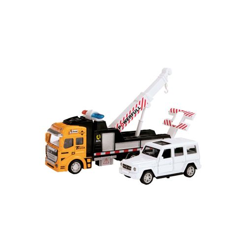 Toi-Toys METAL Abschleppwagen mit Luftpumpe, Hebebühne und Auto – Spielzeug Abschleppset