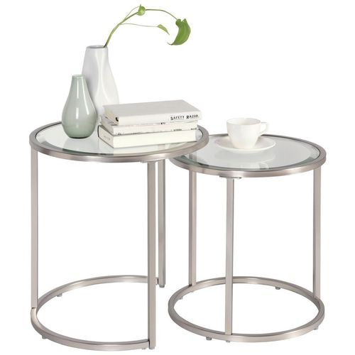 Xora Satztisch , Silber , Metall, Glas , 2-teilig , rund , Flachrohr , 41x46x46 cm , Wohnzimmer, Wohnzimmertische, Beistelltische