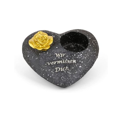 Grabschmuck Herz Schwarz mit Rose Spruch Wir vermissen Dich Grabdeko Grabherz Wetterfest Grabdekoration Gedenkstein Teelichthalter Trauerstein