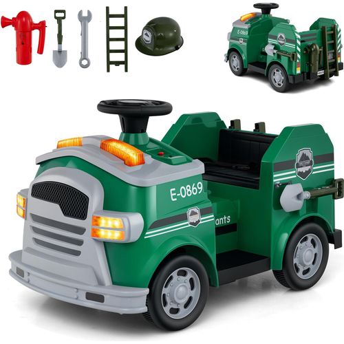 GOPLUS 12V Kinder Feuerwehrfahrzeug, Elektroauto mit Hupe, Alarm, Kinderfahrzeug mit Feuerlöscher, Schutzhelm etc., für Kinder ab 3 Jahren (Grün)