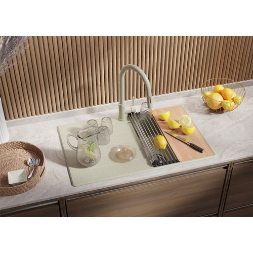 PRIMAGRAN Granitspüle Beige 78x50cm, Spülbecken 1 Becken + Küchenarmatur 38x14cm + Ablauf-Set + Schneidebrett, Küchenspüle ab 45er Unterschrank - Kopenhagen Image