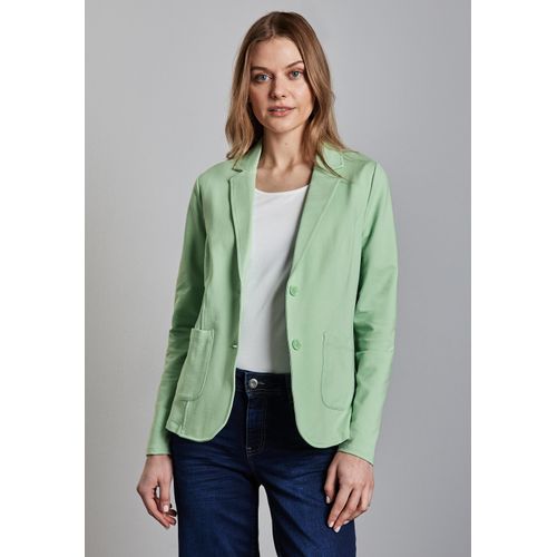 Sweatblazer STREET ONE, Damen, Gr. 36, grün (milky grün), Jersey, 93% Baumwolle, 7% Elasthan, unifarben, gerade normal, V-Ausschnitt, Bündchen, Blazer, mit aufgenähten Taschen