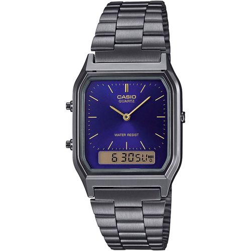 Chronograph CASIO VINTAGE, grau (anthrazit, dunkelblau), Armbanduhren, Damen, Chronograph, Quarzuhr, Armbanduhr, Damenuhr, Herrenuhr, Edelstahlband,Digitaluhr