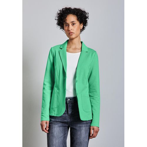 Sweatblazer STREET ONE, Damen, Gr. 34, grün (tendril grün), Jersey, 93% Baumwolle, 7% Elasthan, unifarben, gerade normal, V-Ausschnitt, Bündchen, Blazer, mit aufgenähten Taschen