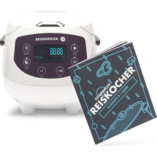 REISHUNGER Digitaler Reiskocher klein, weiß inkl. Reishunger Reiskocher Kochbuch - 0,6 L bis 3 Personen - Warmhaltefunktion, Timer & Premium Topf