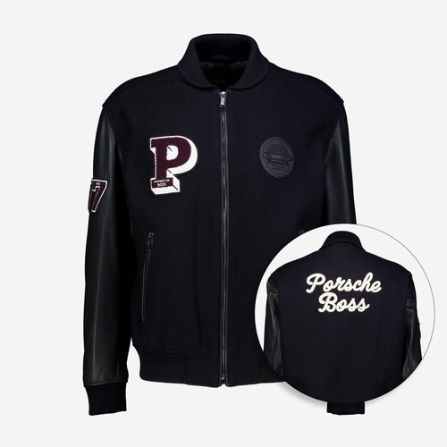 Schwarze Bomberjacke aus Schurwollmischung mit Aufnähern Image