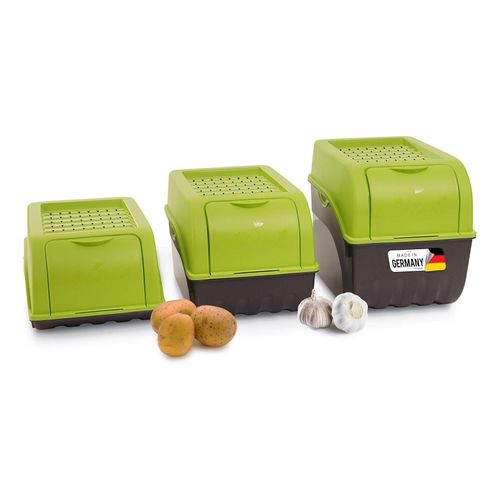 Kartoffel Aufbewahrungsboxen Set 3,5L + 5L + 9L GRÜN Kartoffelboxen Gemüseboxen stapelbar Zwiebelboxen Kartoffelkörbe Obstbehälter Kartoffelkisten Frischhaltedosen