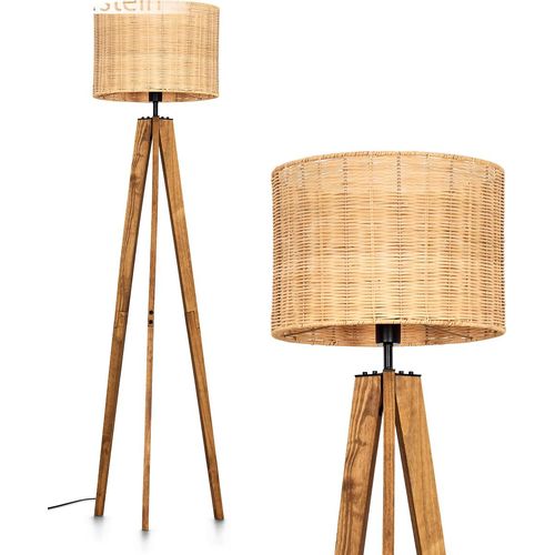 Stehlampe aus Holz/Metall/Rattan in Natur/Schwarz