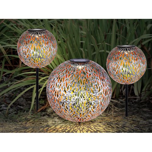 LED Rauchglas Solarkugeln 3er Set für den Garten 20 und 30cm Erdspieß Dekokugeln