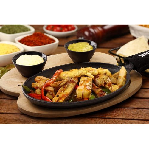 25 cm Gusseisen Grillpfanne für Fajitas - Mit Holzbrett und 2 Keramischen Dip-Schalen