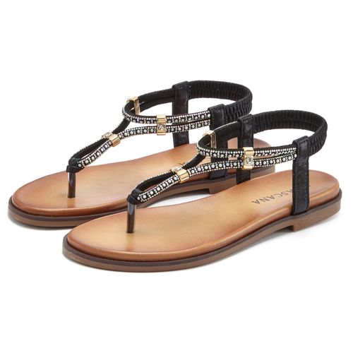 Zehentrenner LASCANA, Damen, Gr. 37, schwarz, Obermaterial: 100% Lederimitat. Decksohle: 100% Lederimitat. Laufsohle: 100% Synthetik, unifarben, Schuhe Zehenstegsandale, mit Schmucksteinchen, Sandale VEGAN