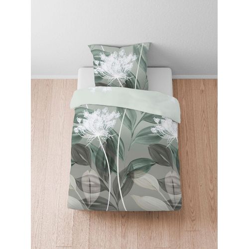 Bettwäsche BIBERNA Gr. 1, grün, bedruckt, B/L: 135cm x 200cm, Feinbiber, B/L: 80cm x 80cm, 1 Stk., Bettwäsche