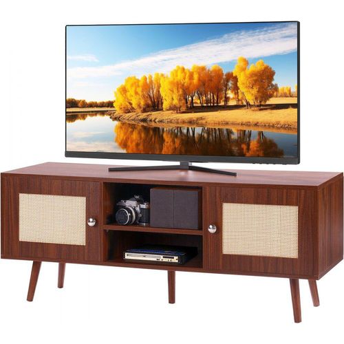 Rattan-TV-Ständer - Boho-Fernsehschrank für 140 cm Fernseher - Retro-TV-Konsole mit verstellbaren Regalen und 2 Türen - ideal für Wohnzimmer und Medienraum - Walnuss