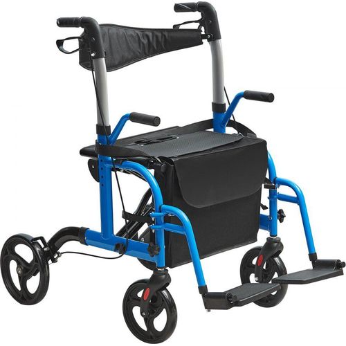 2-in-1 Rollator und Transportstuhl für Senioren - zusammenklappbare Rollator-Rollstuhl-Kombination - leichter Aluminium-Rollator mit verstellbarem Griff - All-Terrain-Räder - Fußstützen - bis 136 kg - Blau