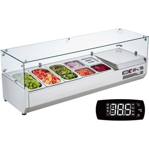 Gekühlte Gewürzstation für die Arbeitsplatte - Zubereitungsstation mit 3 x 1/3 Pfanne & 4 x 1/6 Pfannen - Edelstahl 304 Korpus & PC Deckel - Sandwich-Zubereitungstisch mit Glasschutz