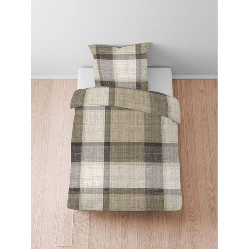 Bettwäsche BIBERNA Gr. 2, taupe, kariert, B/L: 155cm x 200cm, Feinbiber, B/L: 80cm x 80cm, 1 Stk., Feinbiber, 100% Baumwolle, Bettwäsche