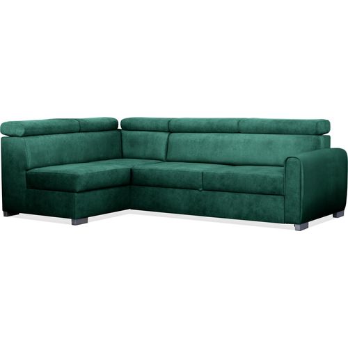 BETTSO Velours-Ecksofa COVO mit Bettzeugablage und verstellbaren Kopfstützen grün Links