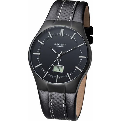 Funkuhr REGENT, schwarz (schwarz, schwarz), Armbanduhren, Herren, Quarzuhr, Armbanduhr, Herrenuhr, Datum, Lederarmband