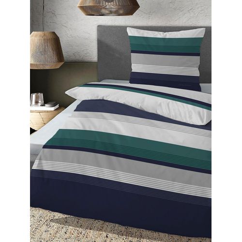 Bettwäsche Gr. 2, grün, marine, bedruckt, B/L: 155cm x 220cm, Biber, B/L: 80cm x 80cm, 1 Stk., Biber, 100% Baumwolle, Bettwäsche