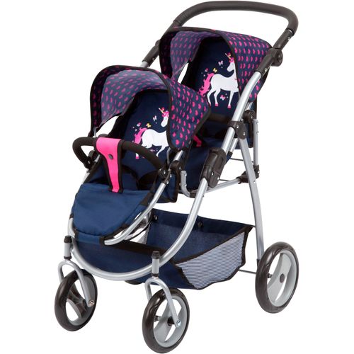 Zwillingspuppenwagen BAYER "mit Sonnendach", einhorn blau, pink, Puppenwagen, KinderB:46cm H:73cm T:63cm, Kunststoff, Metall, Polyester, B:46cm H:73cm T:63cm