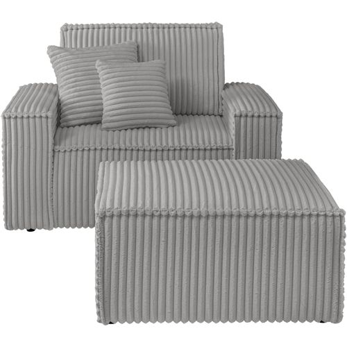 Loveseat OTTO HOME "FINNLEY, Loveseat & Hocker im Set, trendige Stoffe, inkl. Zierkissen", grau, B:120cm H:85cm T:166cm, Bezugstoff 100% PES ;Gramatur 400g/qm +/- 5%, Sessel, verfügbar in den Stoffqualitäten Bouclé, Struktur fein und Mega Cord