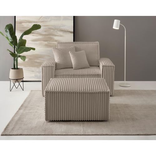 Loveseat OTTO HOME "FINNLEY, Loveseat & Hocker im Set, trendige Stoffe, inkl. Zierkissen", grau (taupe), B:120cm H:85cm T:166cm, Bezugstoff 100% PES ;Gramatur 400g/qm +/- 5%, Sessel, verfügbar in den Stoffqualitäten Bouclé, Struktur fein und Mega Cord