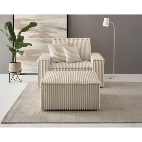 Loveseat OTTO HOME "FINNLEY, Loveseat & Hocker im Set, trendige Stoffe, inkl. Zierkissen", beige (creme), B:120cm H:85cm T:166cm, Bezugstoff 100% PES ;Gramatur 400g/qm +/- 5%, Sessel, verfügbar in den Stoffqualitäten Bouclé, Struktur fein und Mega Cord