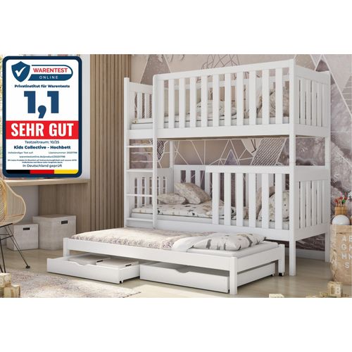Hochbett mit Ausziehbett aus Massivholz, zwei Schubladen, Lattenrost, extra hohe Ausfallsicherung, umbaubar in 3 Einzelbetten, weiß, 90x200 cm