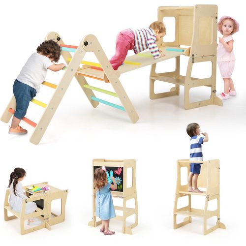 GOPLUS 7 in 1 Kletterdreieck Kinder, Faltbares Kletterset mit doppelseitiger Rampe, wandelbare Tritthilfe & Tafel, Tisch & Stuhl Set, Montessori Gymnastikspielzeug für Kinder 3-14 Jahre alt (Bunt)