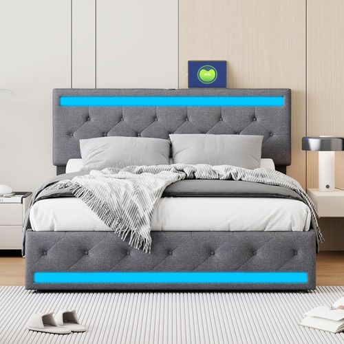 Doppelbettgestell, 180 x 200 cm, 4 Schubladen + Ladestation, mit LED-Lichtleiste, Bettwäsche