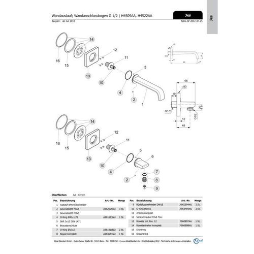 Ideal Standard JADO Rosette JES, quadratisch, F960897AA Auslauf-Wand-WT, Chrom