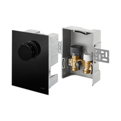 Oventrop Unibox Rücklauftemperaturregelung 1022771 Echtglas schwarz, mit Ventil, Thermostat und Rücklauftemperaturbegrenzer