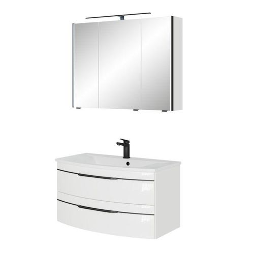 Pelipal Serie 7045 Badmöbel-Set SET-167-052 Weiß Hochglanz / Weiß Glanz, Griffe schwarz, 91 cm