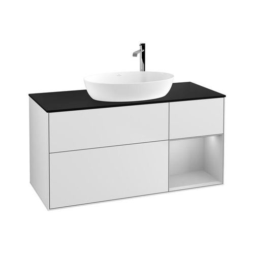Villeroy und Boch Finion Waschtischunterschrank G952GJMT 120cm, Abdeckplatte black matt, Emotion, Regale Light grey matt lacquer, White matt lacquer