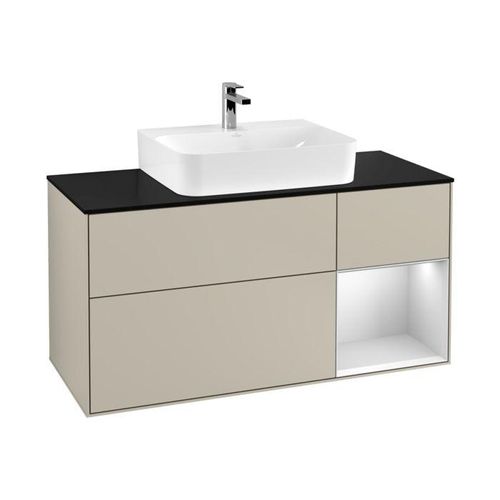 Villeroy und Boch Finion Waschtischunterschrank G172MTHH 120cm, Abdeckplatte black matt, Emotion, Regal rechts White matt lacquer, Sand Matt Lacquer