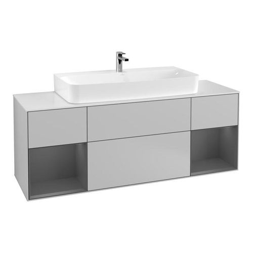 Villeroy und Boch Finion Waschtischunterschrank F211GKGJ 160cm, Abdeckplatte white matt, Regale Anthracite matt lacquer, Light grey matt