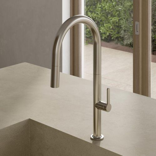 Kludi AUREA Küchenarmatur DN 15 55852N575 mit herausziehbarer Geschirrbrause, Schwenkauslauf, Stainless Brushed Nickel