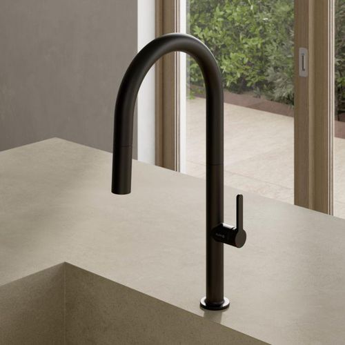 Kludi AUREA Küchenarmatur 558526675 herausziehbare Geschirrbrause, Tiefmattschwarz