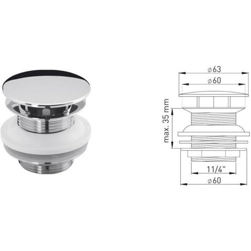 ASW Design-Schaftventil 107503 ohne Überlauf, 1 1/4" x Ø 60 mm, mit Haube, Schaftlänge 50 mm
