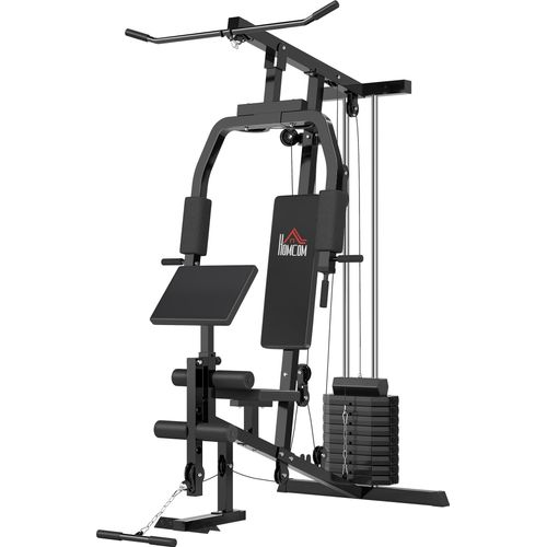HOMCOM Gym Kraftstation Fitnessstation Multigym Fitnesscenter Fitnessgerät inkl. Gewichten mit Rollenpolsterung Stahl Kunstleder 148 x 108 x 207 cm